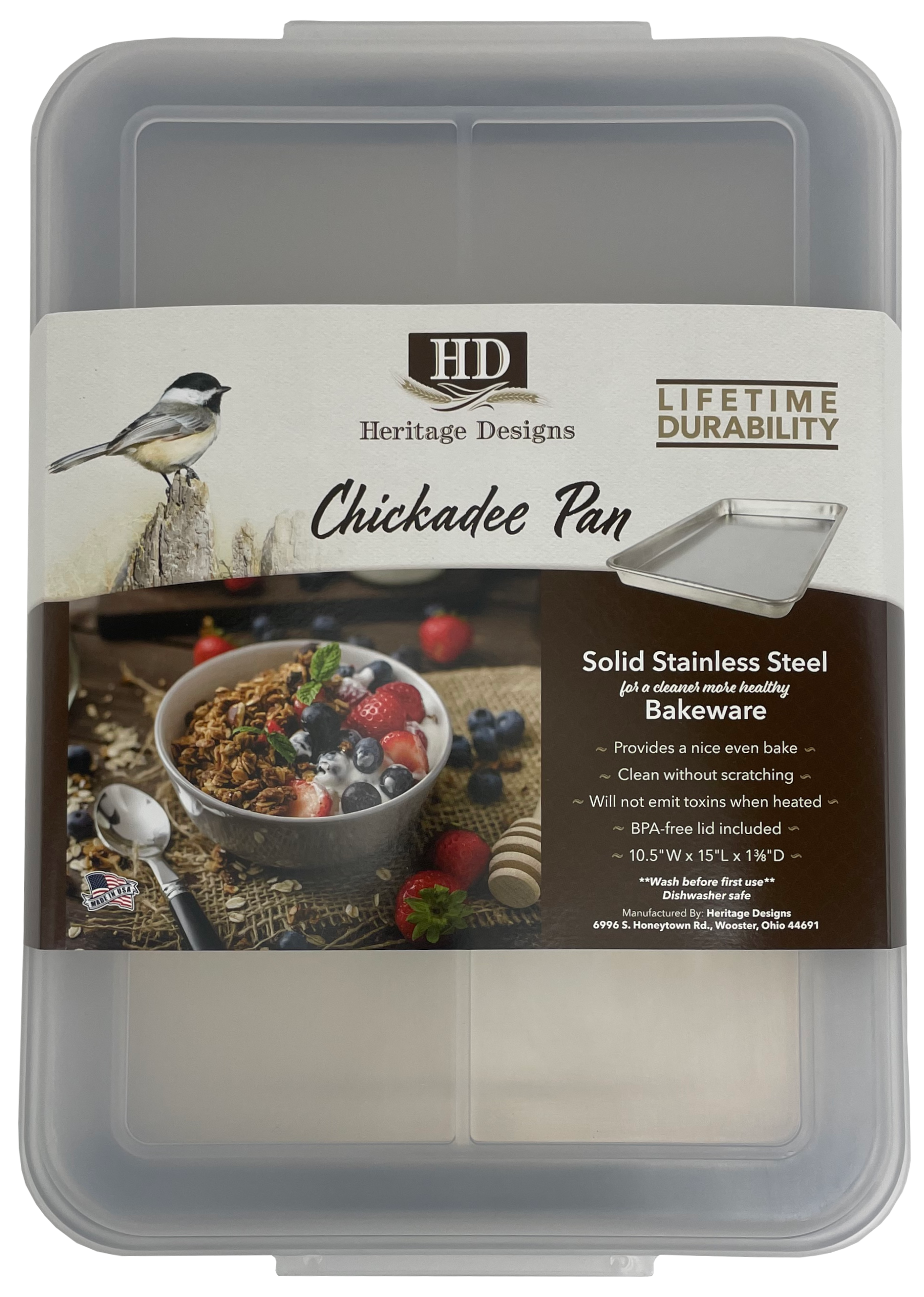 Heritage - 10x15 - Deep Bakeware Pan - Stainless Steel - BPA Free Plastic Lid - USA Made (Clear)